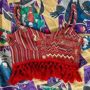 CIDER Jacquard Boho Geometric Tassel Corset Crop Top
